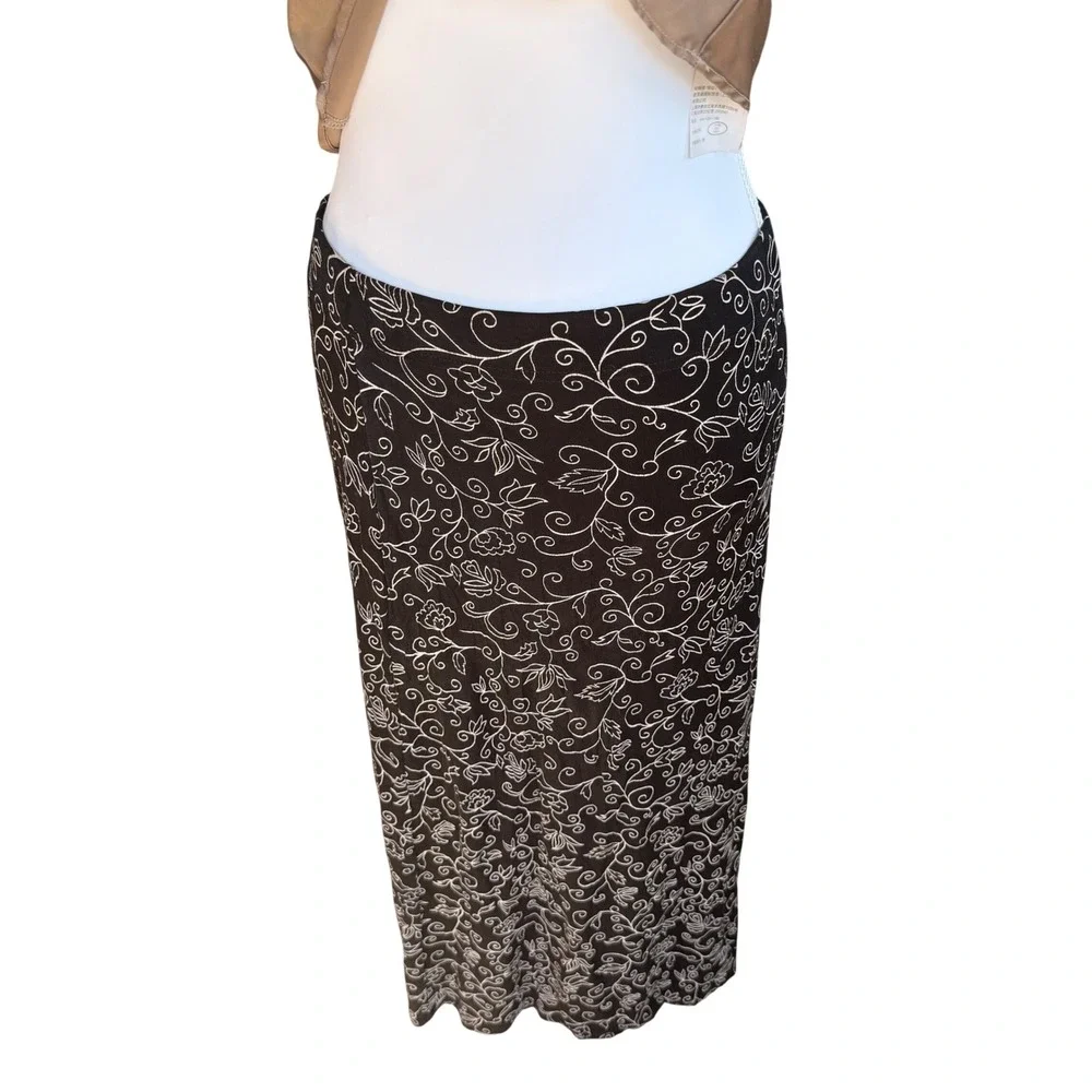 Whimsigoth Black White Floral Vine‎ Scroll Maxi Skirt Womens S/M